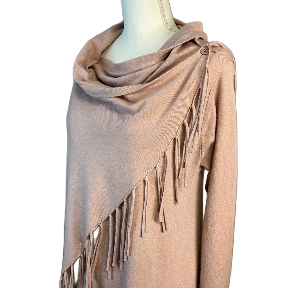 Tea‎ n Rose Womens Fringe Poncho Wrap Sweater S/M Cowl Neck Asymmetric Pink Boho